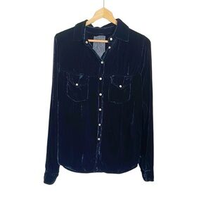 Pete & Greta By Johnny Was Navy Blue Velvet Snap Button Long Sleeve Top size XS